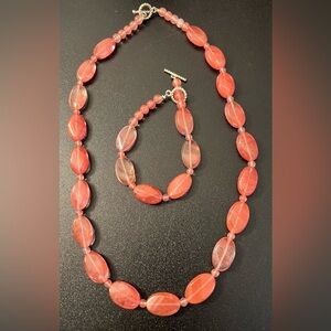 Pink Cherry Quartz Beaded Feminine Necklace & Bracelet Set Silver Tone Clasp